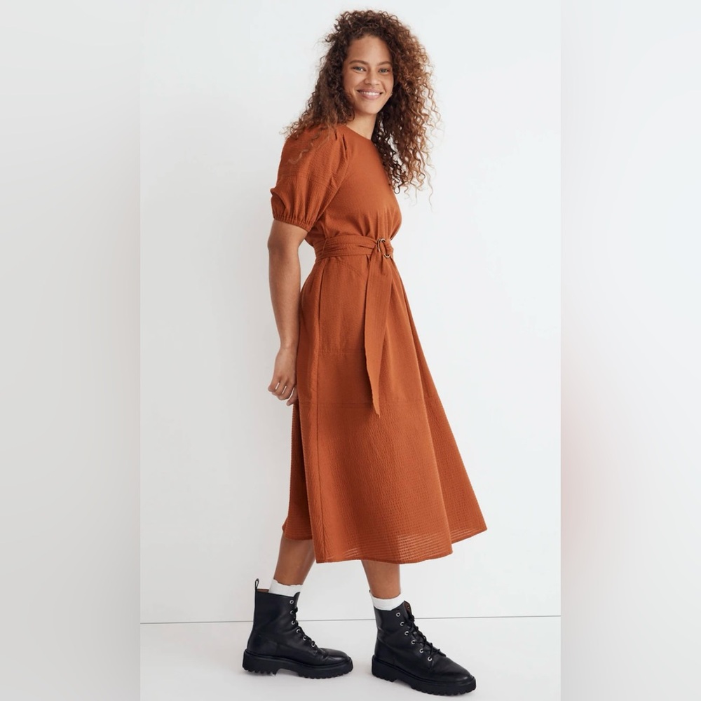 Madewell Seersucker Belted Midi Dress - size M